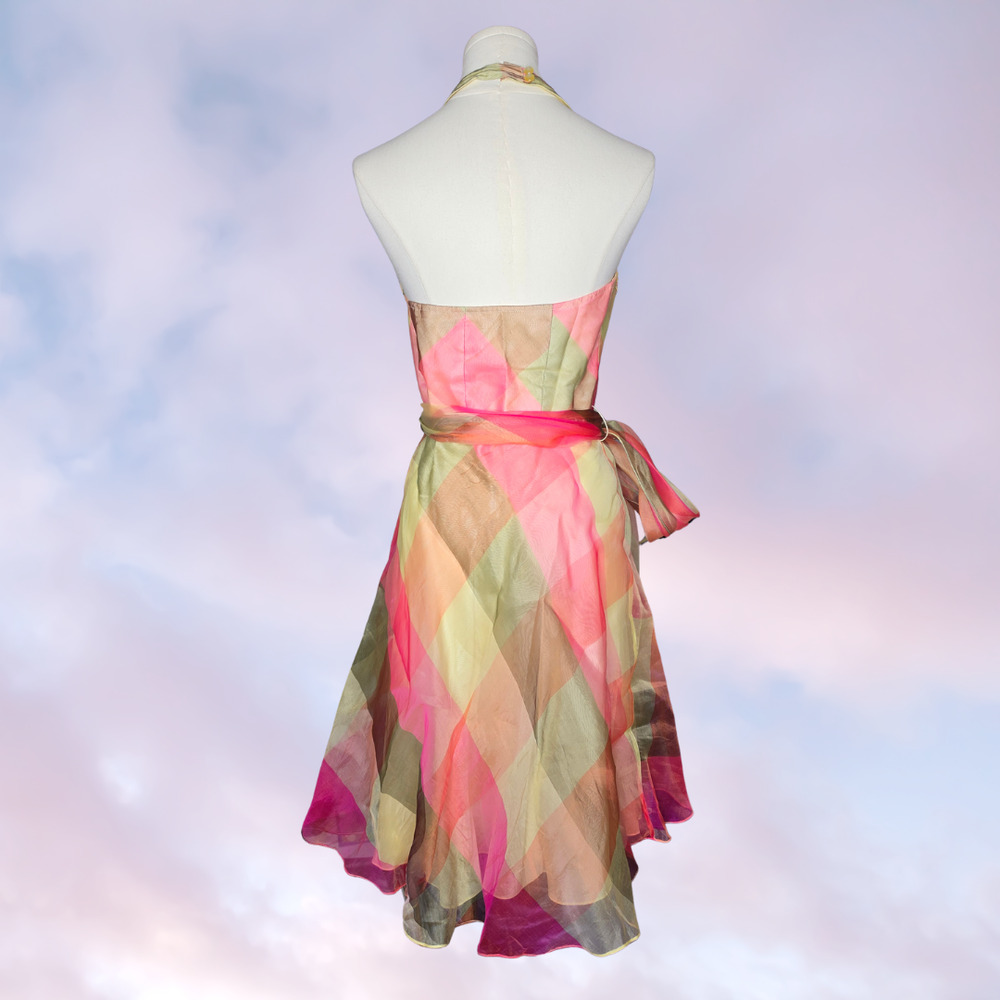 Chetta B Multicolor Geometric 100% Silk Halter Wrap Tie Waist Prom Dress Sz 14 - Picture 4 of 8